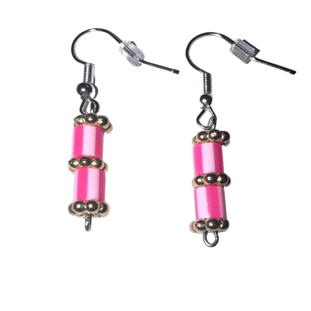 Handcrafted Pink Striped Fuse Beaded Earrings